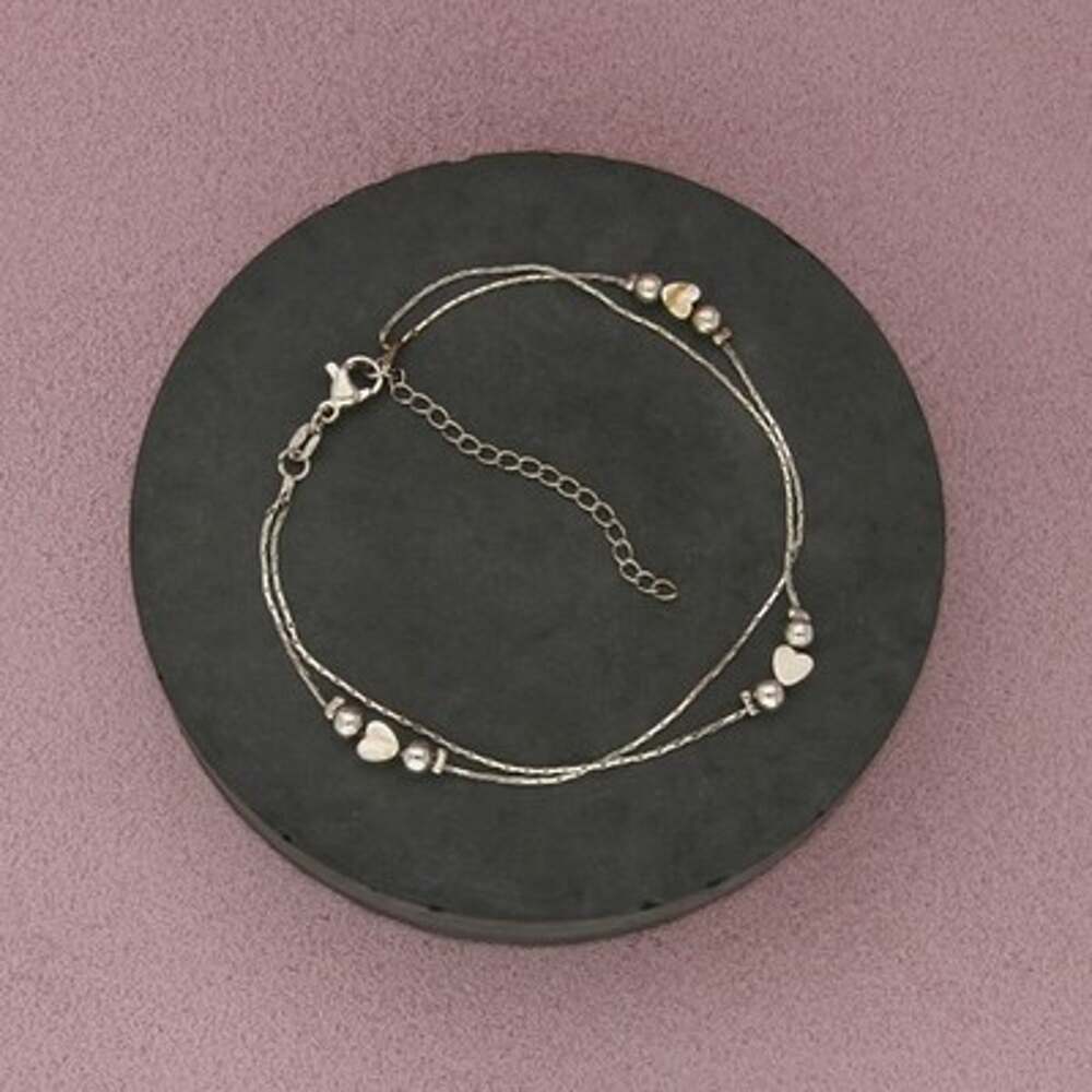 Sterling Silver Double Strand Beaded Heart Anklet Size 7.75-12in